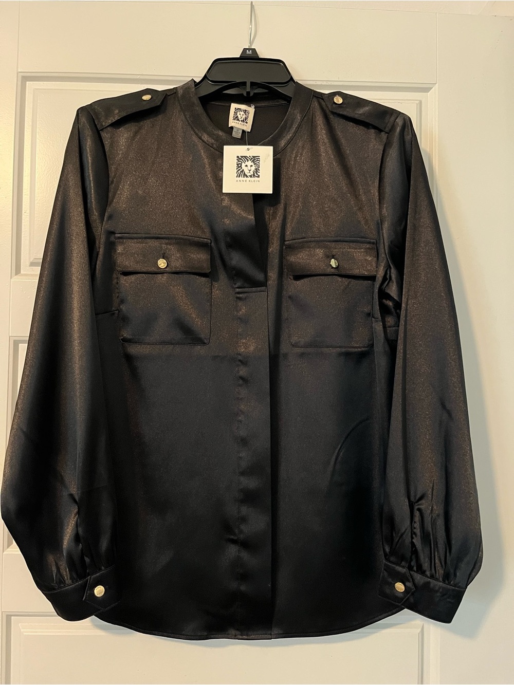 Anne Klein Black Satin Utility-Style Button Pocket Jacket
